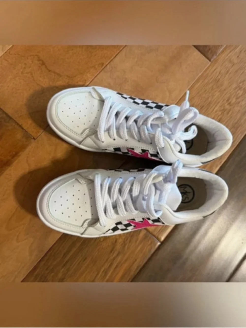 Women’s White Sneakers with Pink Star and Checker Accents